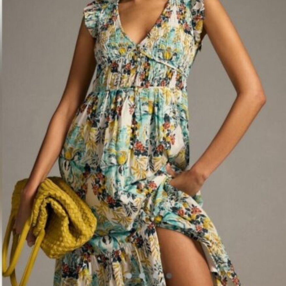 Anthropologie The Peregrine Floral Midi Dress SZ M Button Up Ruffle Sleeve NWOT